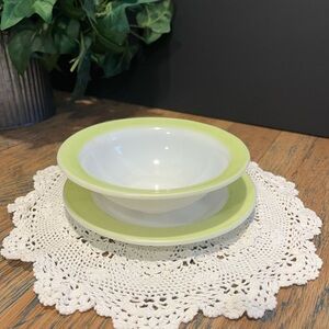 Vintage PYREX – White and Lime Green Plate & Bowl
